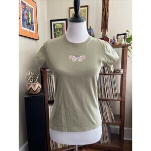 Vintage Y2K L Roxy Green Pink Sparkle Short Sleeve Baby Tee T Shirt USA